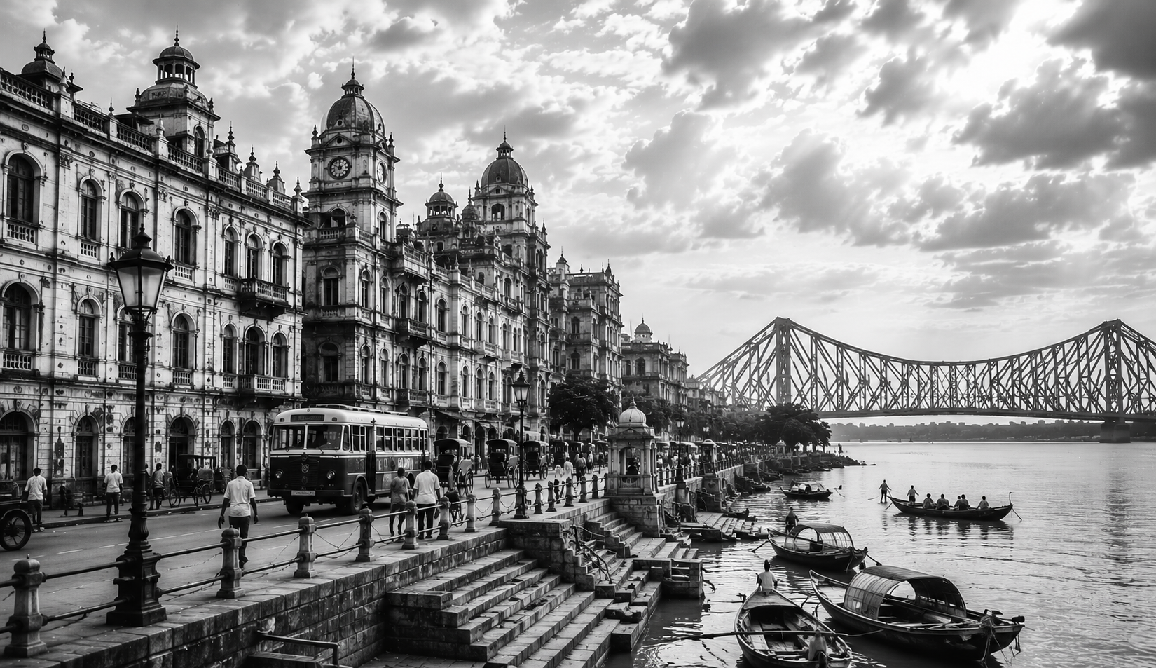 Old Kolkata heritage cityscape with tram, riverfront and bridge