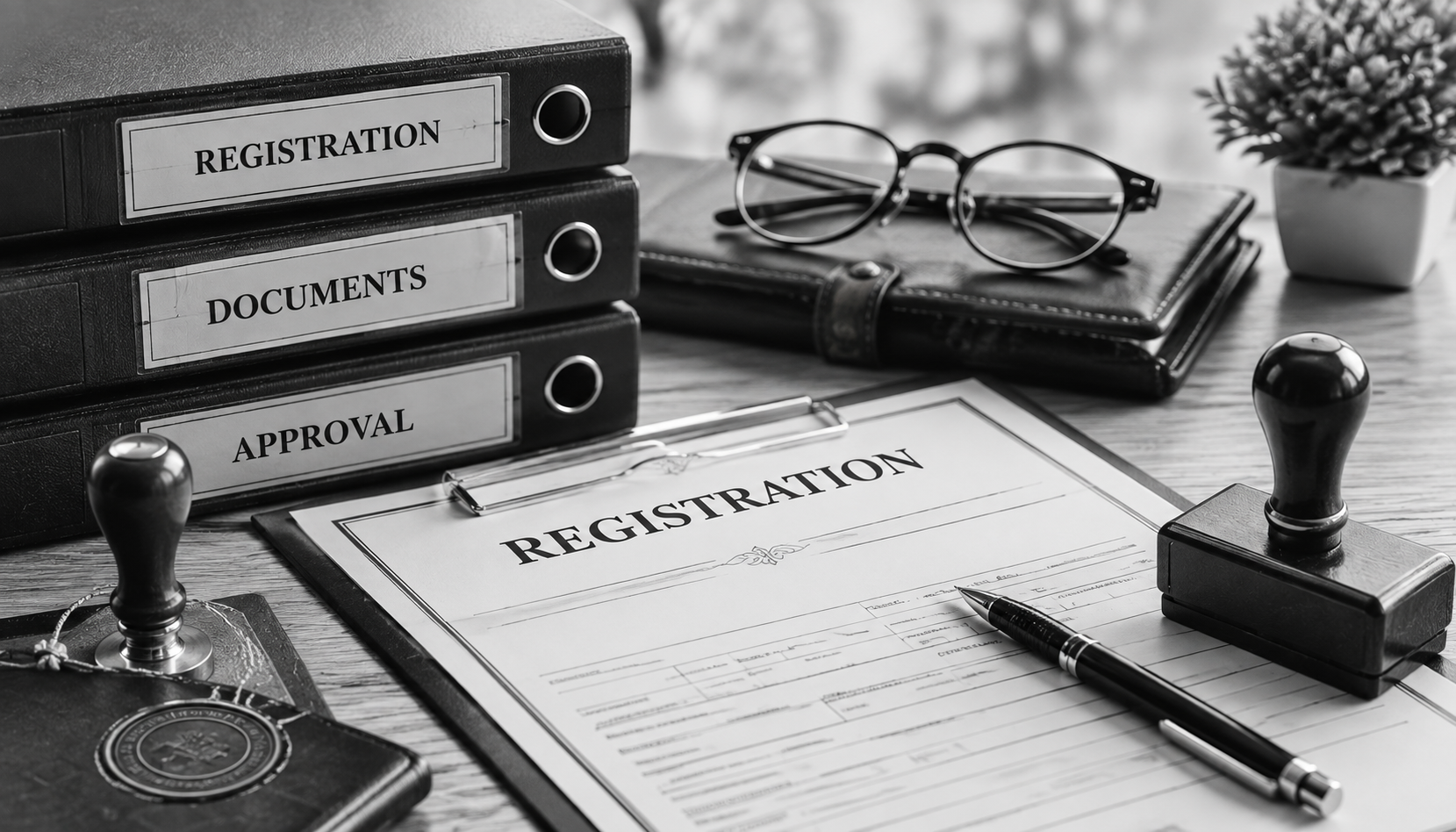 Black and white registration documents and approval desk